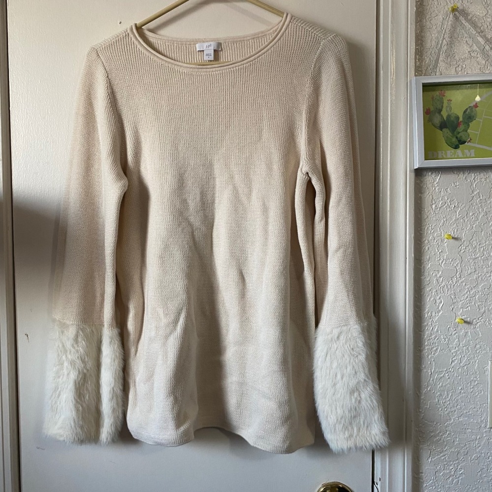 J.Jill Cream Knit Sweater Faux Fur Cuff Long Sleeve Women's‎